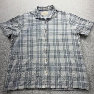 Folk Mens XL Short Sleeve Shirt Plaid Button Up Cotton Linen Blend Top